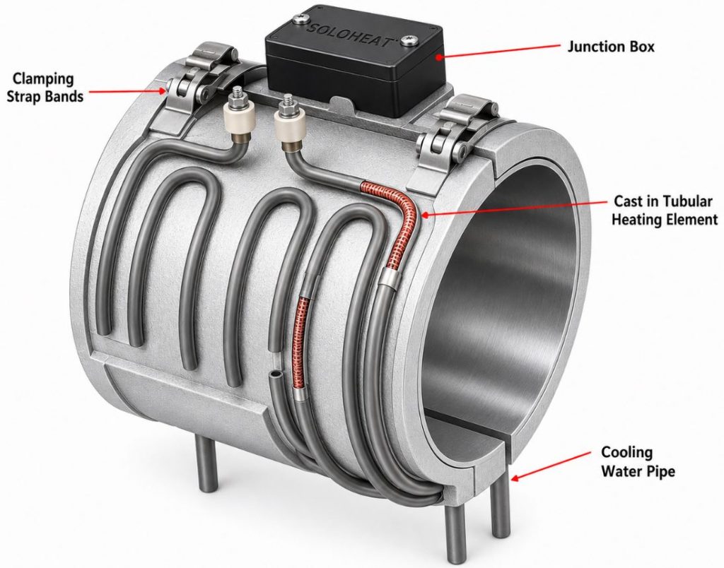 Cast Aluminium Heater with water cooling Tube - Cut away
