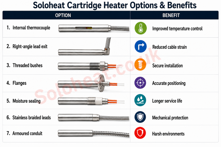 Soloheat cartridge heater termination options and benefits illustration
